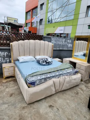 Cream Colour 6by6 Bed With Dressing Mirror and Cupboards