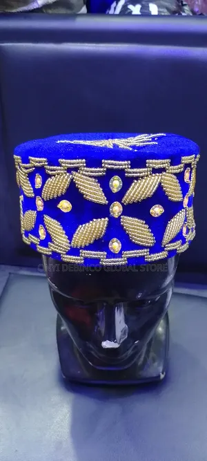 Blue and Gold Bead Igbo Edo Traditional Wedding Cap for Men