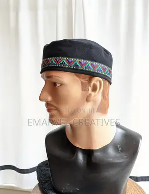 Men's Black Cotton Kufi Fez Cap, Tubetieka, Kazakhi,