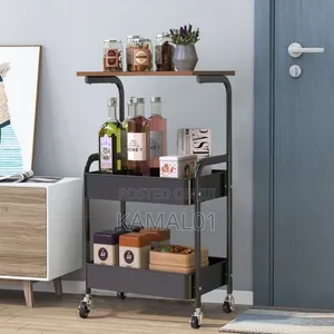 Utility Trolley With Wooden Table Top Metal Storage 3 Tier