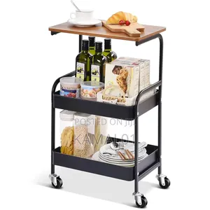 Utility Trolley With Wooden Table Top Metal Storage 3 Tier