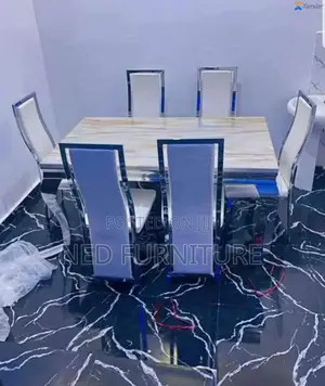 Quality Marble Top Dining With 6 Leather Chiars