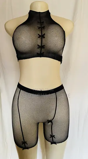 Black Halter Fishnet Crop Top and Short Set