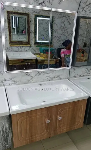 Brown and White Single Cabinet Basin