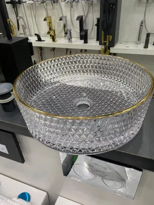 Crystal Diamond-Cut Glass Countertop Basin With Gold Rim