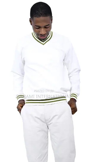 Men's v-Neck Sweatshirt- Off-White With Stripped Ribbing