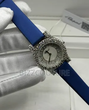 Original Chopard Iced Out Blue Faux Leather Strap Watch