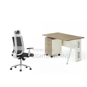 A Set Of Office Table With White High Back Swivel Chair