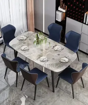 Modern Marble Dinning Table and 6 Blue Brown Chairs