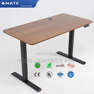 Walnut Adjustable Electric Desk With Black Metal Support