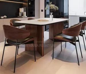 Set of Marble Top Dining Table by 6 Leather+Wood Chairs.