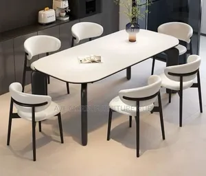 Set of Marble Dining Table With Six Leather Chairs.
