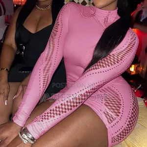 Club Party Long Sleeve Hollow Out Pink Black Short Sexy Dres