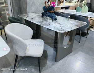 Classic Marble Top Dining Table With 6 Fabric Chairs