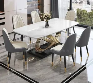 Marble Top Dining Table With 6 Leather Chairs.