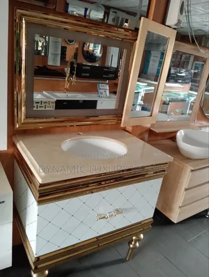Luxury Gold and White Standing Cabinet With Mirror
