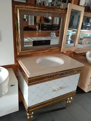 Luxury Gold and White Standing Cabinet With Mirror