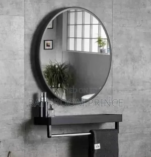 Black Frame Mirror With Shelf and Towel Hanger