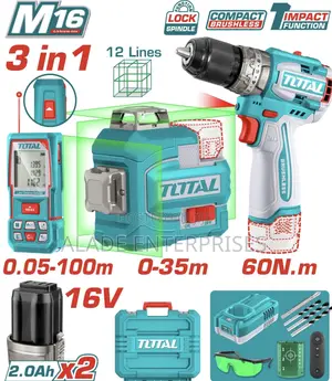 Total 3pcs Combo Kit Set 16line Laser,100m Tape,Impact Drill 3pcscombo