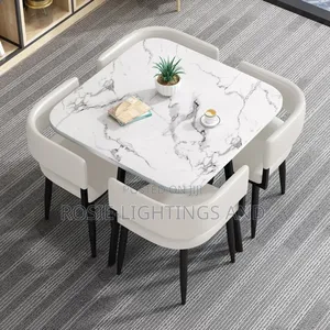 Square Marble Slate Dinning Set of 4 White Chairs