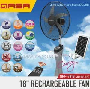 Qasa 18" 3-in-1 Curvy Solar Standing Fan With Panel 2 Bulbs