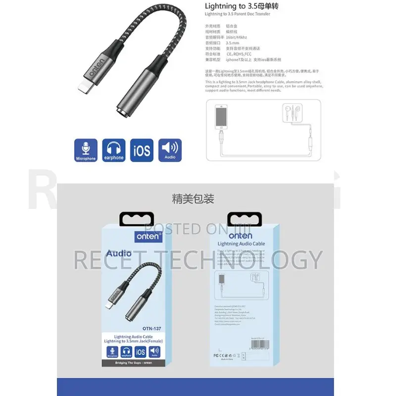 Onten Otn-137 Audio Lightning Cable to 3.5mm Jack