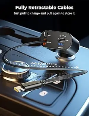 65w Car Charger Dual Retractable Cable - Black