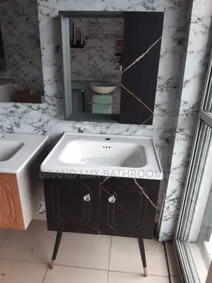 Modern Black Marble-Pattern Bathroom Vanity With Mirror Cabinet