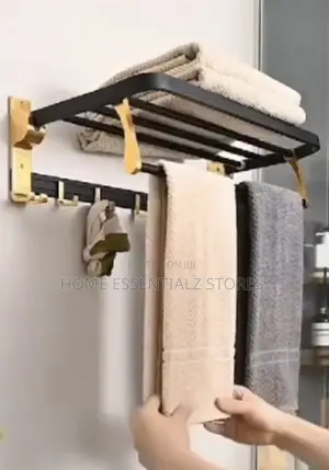 Bathroom Towel Hanger - Foldable Towel Rack With Shelf and Hooks