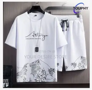 Touphy T-Shirts +Shorts 100% Cotton Men's Short Sleeve Set-White