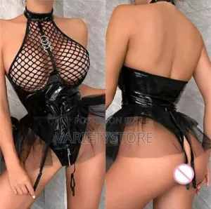 Sexy Patent Leather Mesh Halter Neck Bra Jumpsuit