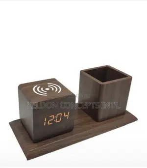 Wooden Wireless Charger Pen Holder and Clock Moq: 12pcs
