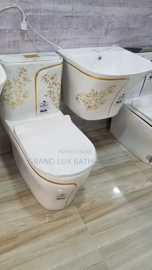 Elegant White Toilet and Sink Set With Golden Floral Design