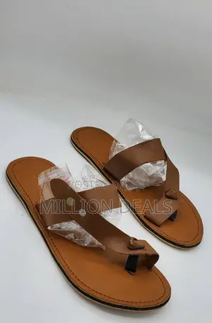 Simple Brown Leather Men's Flat Slippers 40