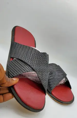 Black Red Stylish Men's Leather Slippers 42