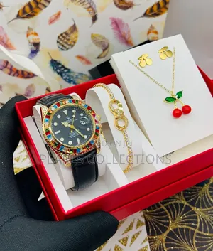 Black Leather Rolex Watch Set for Women