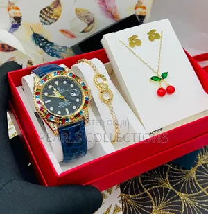 Blue Leather Rolex Watch Set for Women