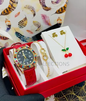 Red Leather Rolex Watch Set for Women
