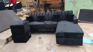 Black L Shape Couch and Two Side Puff