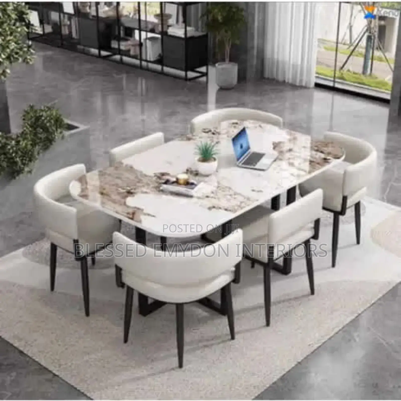 Marble-Finish Rectangular Dining Table Set With Padded Chairs.