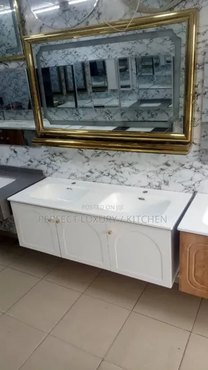 White Double Cabinet With Gold Led Light Mirror