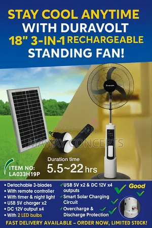 Duravolt 18-Inch 3-in-1 Solar Rechargeable Standing Fan-Panel+2-Bulbs
