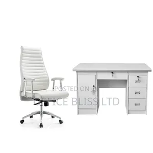 Set of Office Table and High Back Leather Office Chair - All White