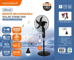 Homeworx 18inches Solar Rechargeable Standing Fan With 3 Led Lights