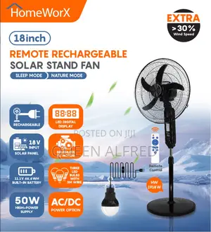 Homeworx 18inches Solar Rechargeable Standing Fan With 3 Led Bulbs