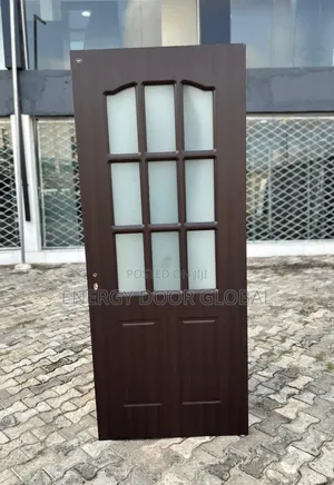 9" Block Glass 3ft by 7ft Wooden Interior/Exterior Brown Door