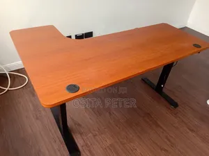 L Shape Adjustable Height Table Brown Top Black Legs