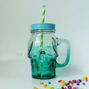 Glass Skull Mason Jar With Lid Straw