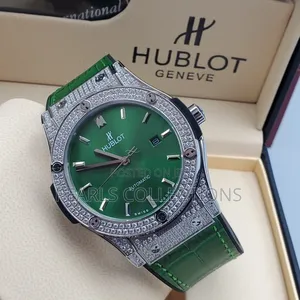Green Leather Diamond Hublot Automatic Watch