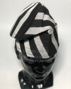Black Mixed Strip Aso Oke Traditional Cap